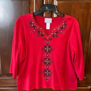 Alfred Dunner Red Floral Embroidered Blouse